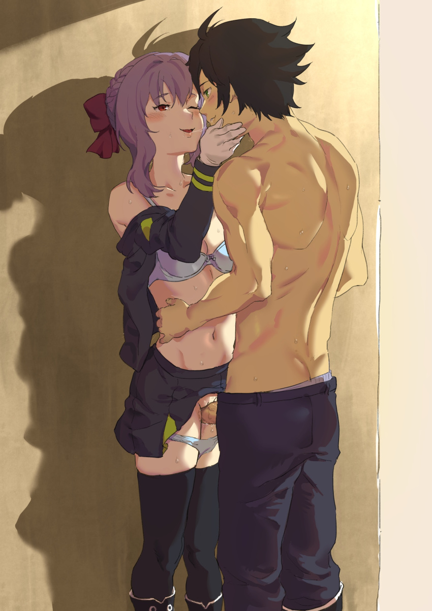 1boy 1girls after_kiss against_wall black_hair bra clothing couple female green_eyes happy_sex hiiragi_shinoa hyakuya_yuuichirou long_hair looking_at_another male male/female one_eye_closed owari_no_seraph panties panties_down penis purple_hair pussy red_eyes rubbing_pussy saliva_trail standing sunao_(souis)