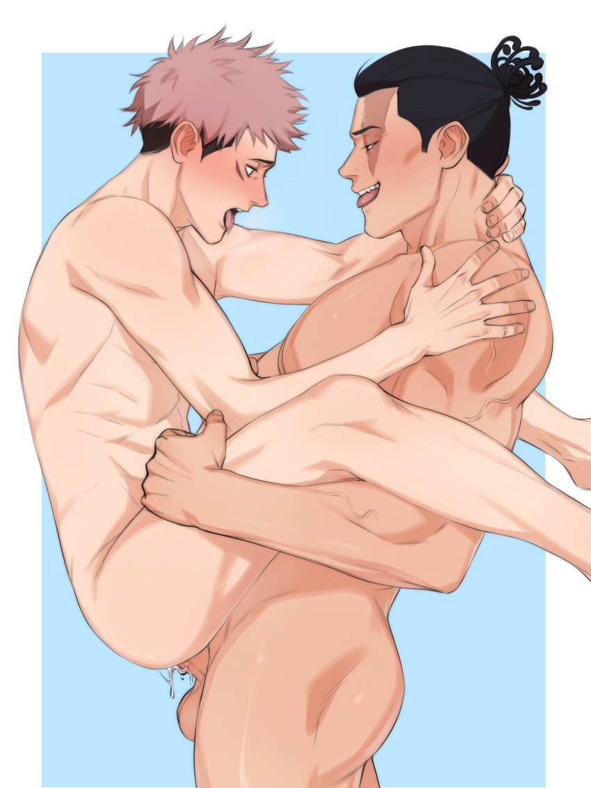 2boys anal anal_sex aoi_todo ass balls blush gay grabbing grabbing_legs itadori_yuuji jujutsu_kaisen lifting lifting_person male/male male_penetrated male_penetrating muscles muscular muscular_male precum riffraff riffraffhellyea scar sex smile tagme tongue tongue_out yaoi