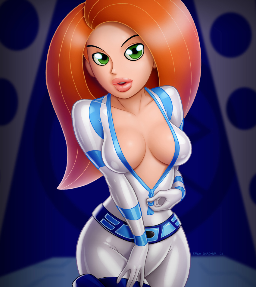 1girls 2014 battlesuit big_lips bodysuit catsuit cleavage disney disney_channel drew_gardner eye_contact eyes female female_focus female_only flirting flirting_with_viewer front_zipper green_eyes hair human jpeg kim_possible kimberly_ann_possible no_bra open_mouth red_hair shiny_clothes signature solo thick_lips tight_clothing undressing unzipped_bodysuit unzipping zipper