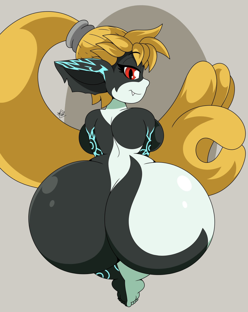 absurd_res ass ass_focus bedroom_eyes bent_over big_ass busty digital_media_(artwork) feet female female_focus female_only floating half-closed_eyes hi_res huge_ass imp_midna long_hair looking_at_viewer looking_back markings midna naughty_face nintendo no_helmet_imp_midna nr_ac nude ponytail presenting presenting_hindquarters rear_view red_eyes shortstack signature simple_background smile solo the_legend_of_zelda toes twilight_princess two_tone_body video_games wide_hips yellow_hair