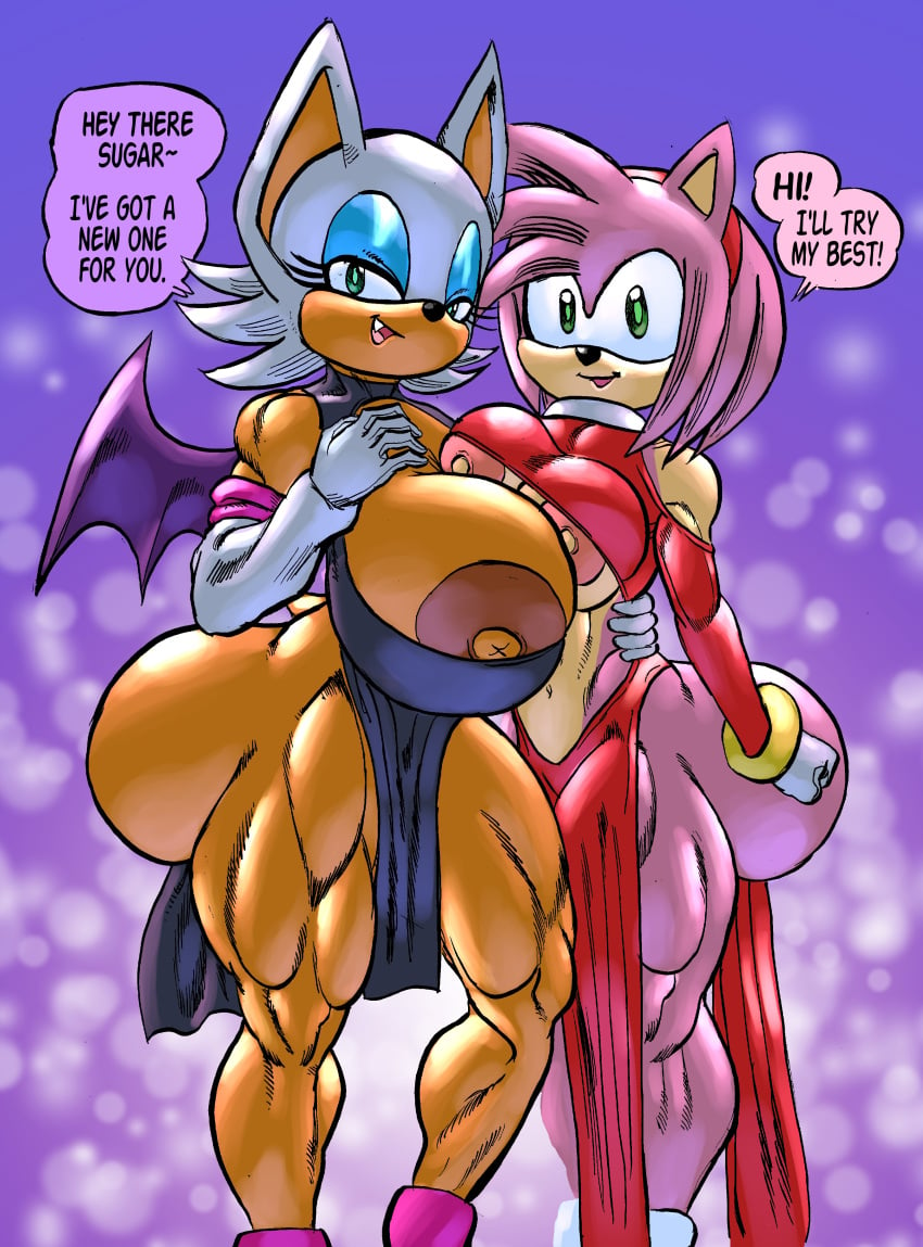 2girls amy_rose bat big_ass big_breasts dialogue dress female female_only furry goudadunn hedgehog hi_res highres huge_ass huge_breasts large_ass large_breasts muscular muscular_female muscular_thighs rouge_the_bat sonic_(series) talking_to_viewer