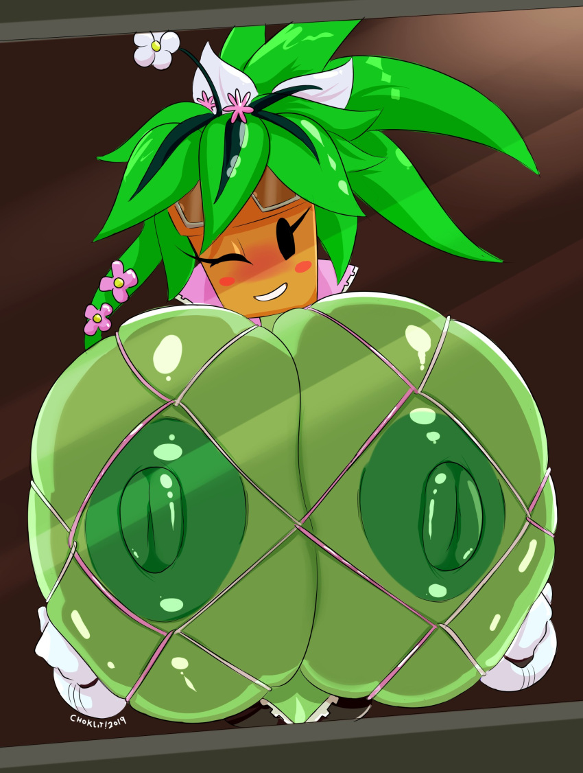 against_glass anthro big_breasts blaster_master fishnets gigantic_breasts green_skin huge_areolae kanna_(blaster_master) mob_face plantie tasteofchoklit topless