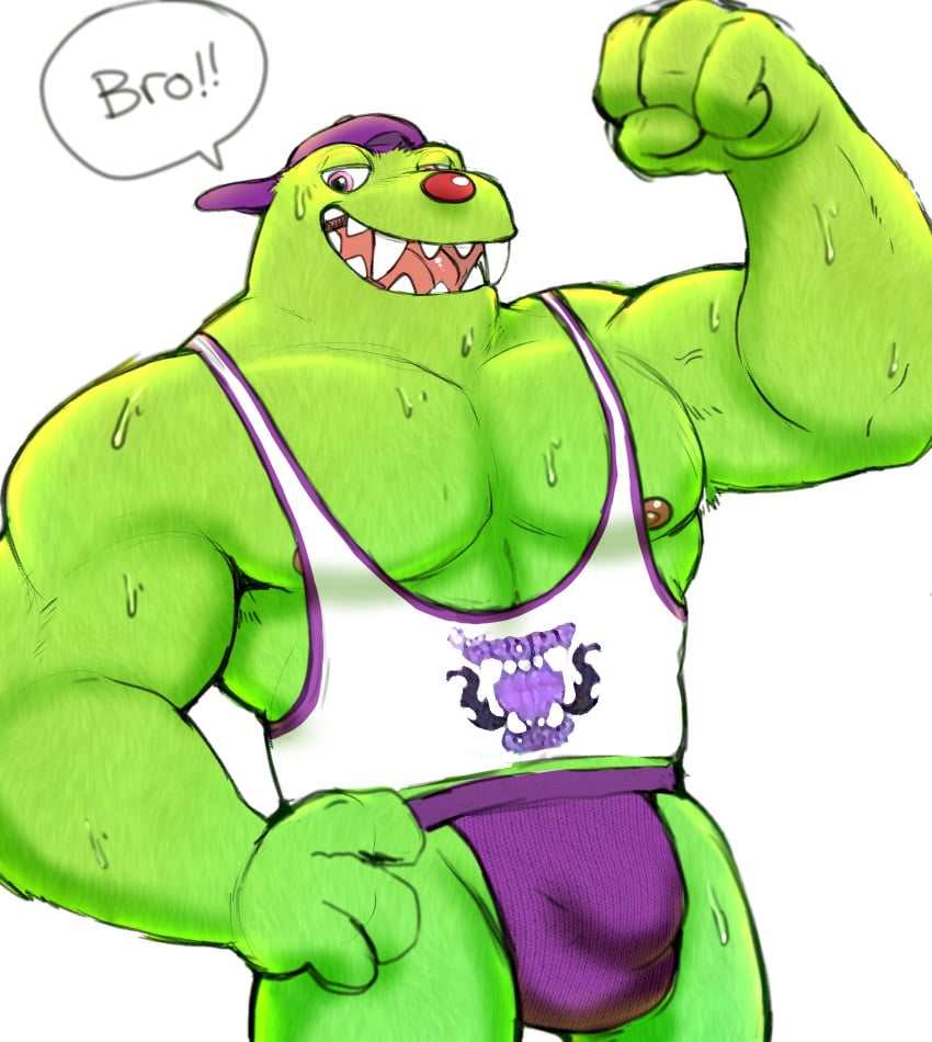 1boy anthro ball_bulge biceps bodily_fluids bro bugsnax bulge chandlo_funkbun clenched_teeth clothed clothing cock_bulge fangs fur genital_outline grumpus hi_res hyenaface looking_at_viewer male male_focus male_only muscular muscular_anthro muscular_male nipple_slip nipples open_mouth pecs penis_outline purple_underwear shirt simple_background smile solo speech_bubble sweat tank_top teeth text tongue topwear underwear video_games white_background