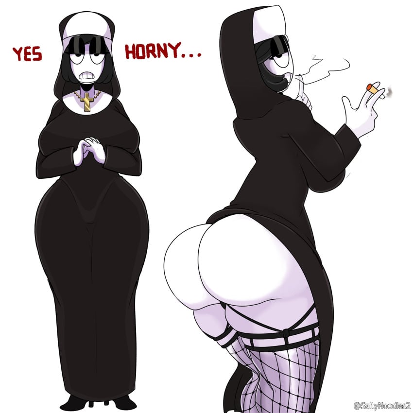 2021 ass ass_focus ass_up big_ass big_breasts breasts cigarette clothed clothing cross female fishnets goth headress heels high_heels jewelry looking_at_viewer looking_back nun nun_outfit saltynoodles smoking text thick thick_thighs veronica_(saltynoodles) voluptuous white_skin