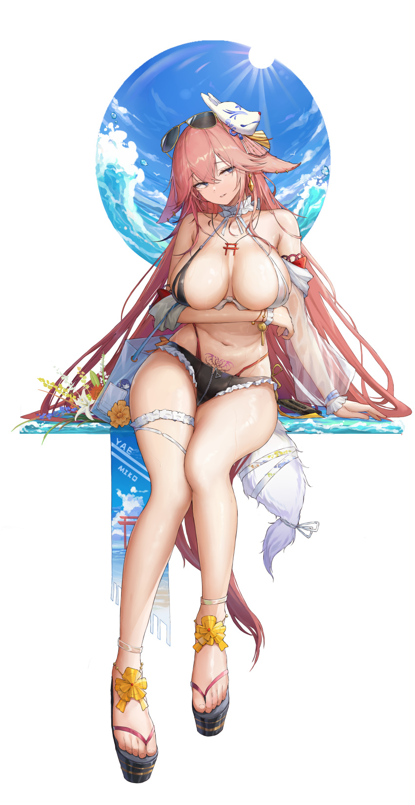 1girls absurdres animal_ears arm_support arm_under_breasts bangs bare_legs bare_shoulders breasts commentary_request eyewear_on_head feet female female_only fox_ears fox_mask genshin_impact grey_eyes hair_between_eyes highres kiriko_(araragikoyomi) large_breasts legs long_hair looking_to_the_side mask mask_on_head navel okobo pink_hair pubic_tattoo sandals sitting solo stomach sunglasses tattoo thighs toes two-tone_bikini very_long_hair white_background yae_miko