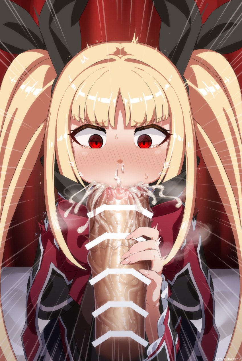 1boy 1girls ^^^ bangs bar_censor black_bow blazblue blonde_hair blunt_bangs bow breath cape censored cum cum_in_mouth cum_in_nose cum_on_penis emphasis_lines fellatio female fingernails hairbow highres large_penis long_fingernails mizumizuni penis rachel_alucard red_bow red_eyes ringed_eyes twintails veins veiny_penis wide-eyed