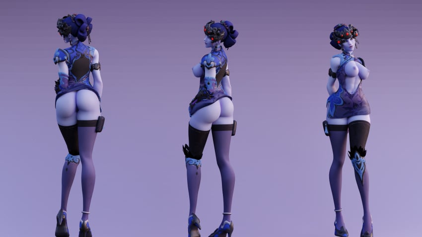 1girls 3d alternate_costume areolae arhoangel ass big_breasts black_lily_widowmaker blizzard_entertainment breasts dress female female_only high_heels high_resolution highres nipples overwatch purple_skin solo stockings widowmaker