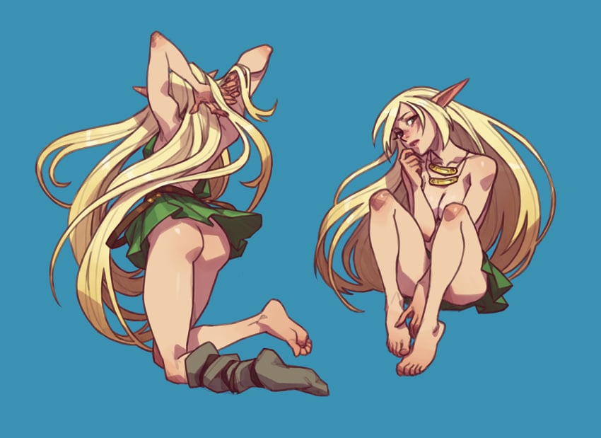 1girls 2021 ass barefoot blonde_hair blue_background breasts clothing curvaceous deedlit dress elf elf_ears female female_only hi_res humanoid jewelry large_breasts long_hair melonpan pale-skinned_female pale_skin pointy_ears record_of_lodoss_war solo solo_female