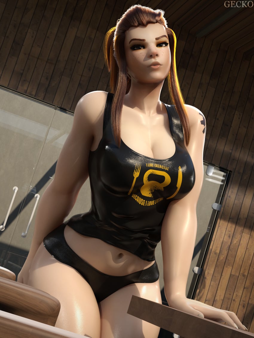 1girls 3d big_breasts blizzard_entertainment breasts brigitte brigitte_lindholm brown_hair cleavage female female_only freckles geckoscave lips long_hair looking_at_viewer midriff midriff_baring_shirt navel overwatch pinup ponytail sci-fi science_fiction scifi shiny_skin solo solo_female tank_top tanktop tattoo thighs