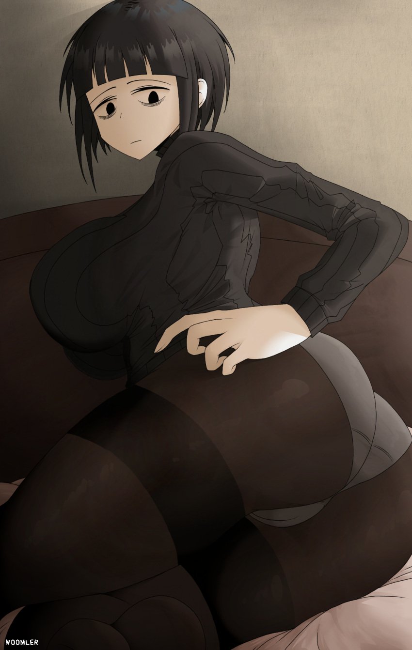 2022 artist_name ass ass_focus bed big_ass big_breasts black_eyes black_hair blossom_hope breasts clothing eye_bags female light_skin looking_at_viewer panties panties_under_pantyhose pantyhose short_hair solo thick_ass thick_thighs thighband_pantyhose tomi_washua woomler