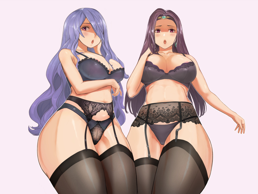 2girls bare_thighs big_breasts black_panties camilla_(fire_emblem) cleavage earrings female_only fire_emblem fire_emblem_echoes:_shadows_of_valentia fire_emblem_fates from_below garter_belt hair_over_one_eye huge_breasts large_breasts light_blush lingerie long_hair looking_at_viewer looking_down nintendo open_mouth panties partially_visible_vulva purple_eyes purple_hair rype sonya_(fire_emblem) thick_thighs thighhighs violet_eyes voluptuous