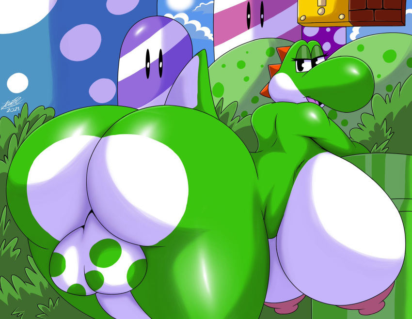 1futa anthro areola ass balls big_breasts big_butt breasts dinosaur fur futanari genitals green_body green_yoshi gynomorph hi_res huge_breasts intersex itisjoidok looking_at_viewer looking_back mario_(series) multicolored_body multicolored_fur nintendo nipples non-mammal_breasts nude outside penis presenting presenting_hindquarters rear_view reptile scalie solo super_mario_bros. video_games warp_pipe white_body wide_hips yoshi