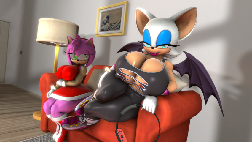 3d amy_rose anotherthrowaway anthro big_breasts cleavage electronics furry game_controller joycon_controller liquidtiberium77 pilates_ring ringcon_controller rouge_the_bat smile sonic_(series) source_filmmaker sports_bra sweat thick_thighs voluptuous