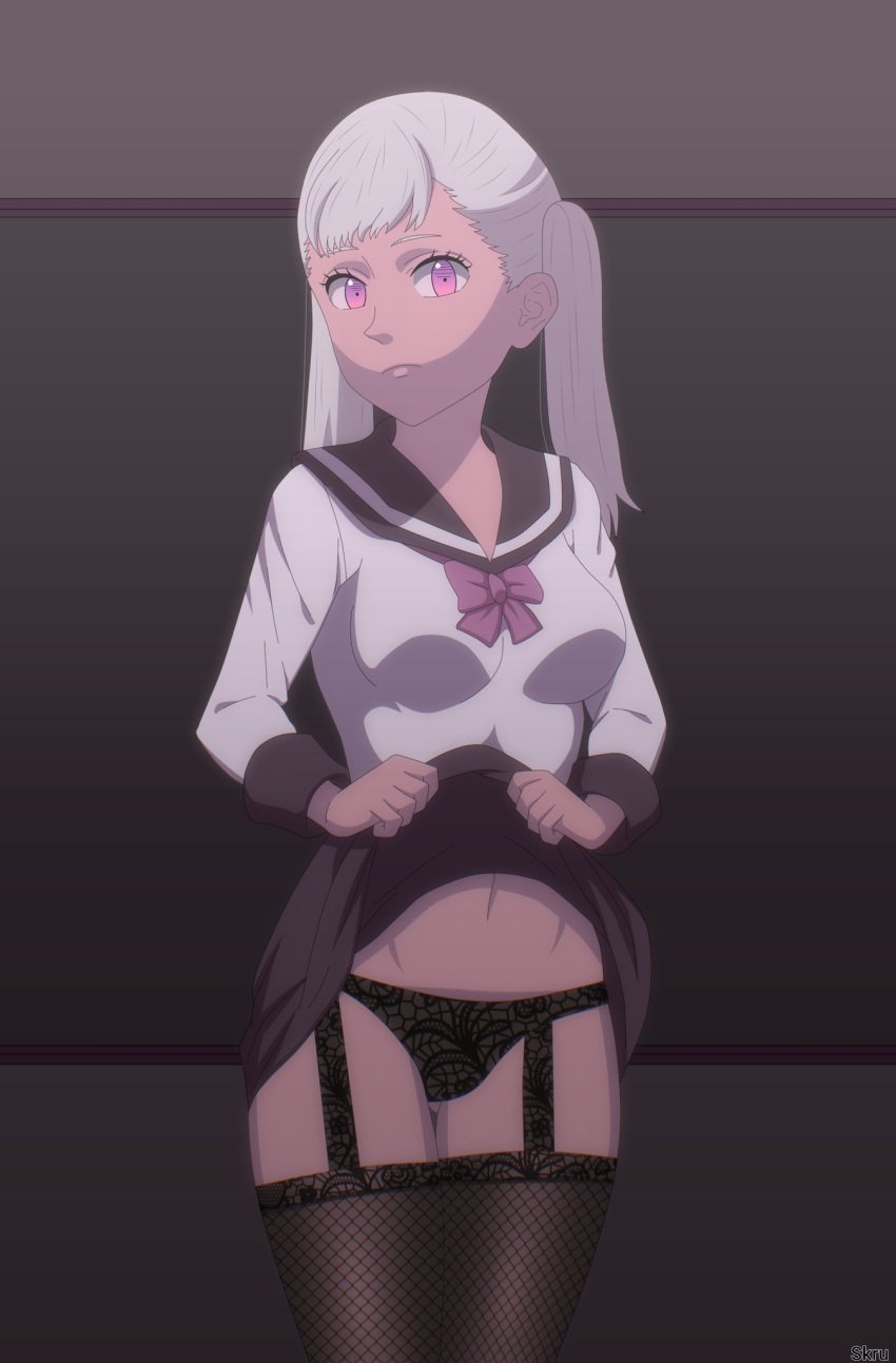 1girls black_clover female female_only flashing front_view legwear lingerie long_hair looking_at_viewer noelle_silva panties petite pink_hair presenting presenting_panties school_uniform schoolgirl silver_hair skirt skirt_lift skirt_up skrusj solo solo_female standing teenager thigh_gap thighs twintails watermark