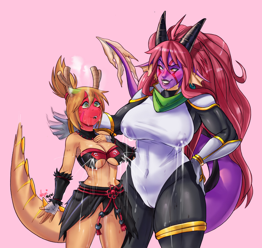 2girls blush brown_hair dragon_girl female_only green_eyes horns lactation milk monster_girl nagainosfw oc original red_eyes red_face red_hair rika_dimensional_ninja tagme tail