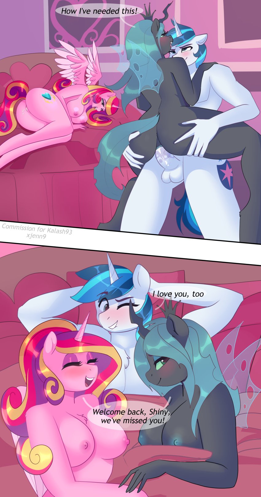 absurd_res anthro anthrofied ass balls breasts comic dialogue female female_penetrated friendship_is_magic genitals hi_res husband_and_wife male male/female male_penetrating male_penetrating_female married_couple my_little_pony nude penetration penis princess_cadance_(mlp) queen_chrysalis_(mlp) sex shining_armor_(mlp) trio xjenn9