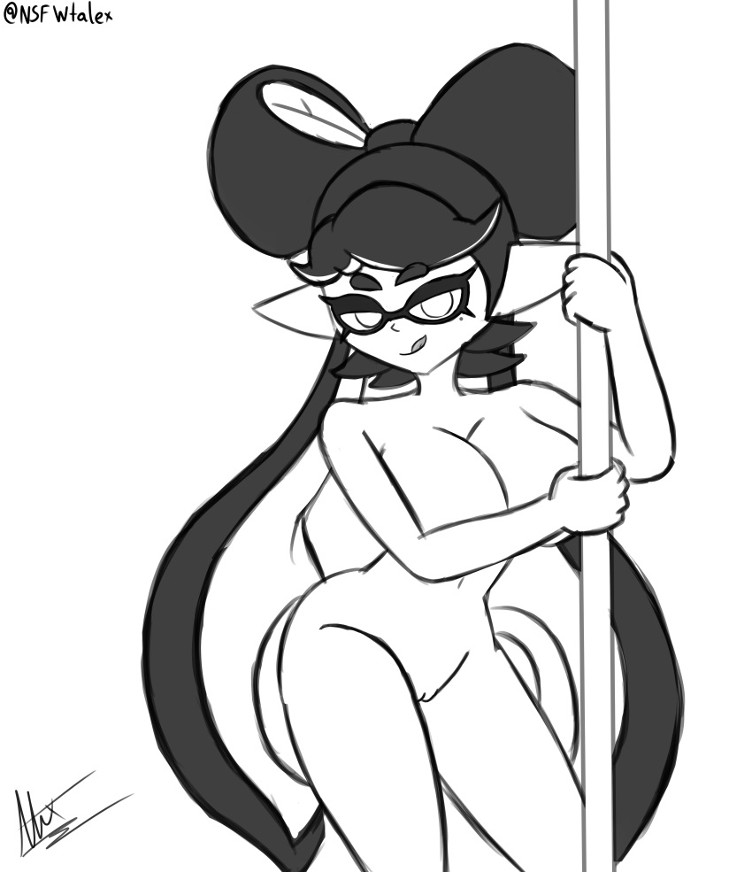 1girls beauty_mark black_and_white black_hair breasts callie_(splatoon) female inkling long_hair looking_at_viewer naked nintendo no_color no_eyewear nsfwtalex nude pole pole_dancing pussy sketch solo splatoon splatoon_2 stripper stripper_pole telaxart tentacle_hair texalunax tongue_out twintails vagina