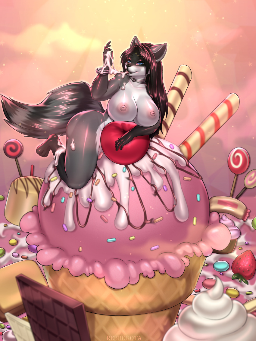 absurd_res anthro black_hair black_nose blue_eyes breasts dessert digital_media_(artwork) female food hair hi_res ice_cream jewelry mammal nude obscured_body procyonid raccoon rebrokota sila_dione solo