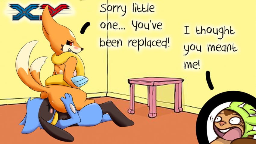 anthro anthro_on_anthro anthro_penetrated anthro_penetrating blush chespin floatzel furry furry_only licking_pussy looking_back looking_pleasured nintendo pok&eacute;mon_(species) pokemon pokemon_dppt pokemon_xy riolu sitting_on_face sitting_on_person snivythesuperior text text_box text_bubble watching