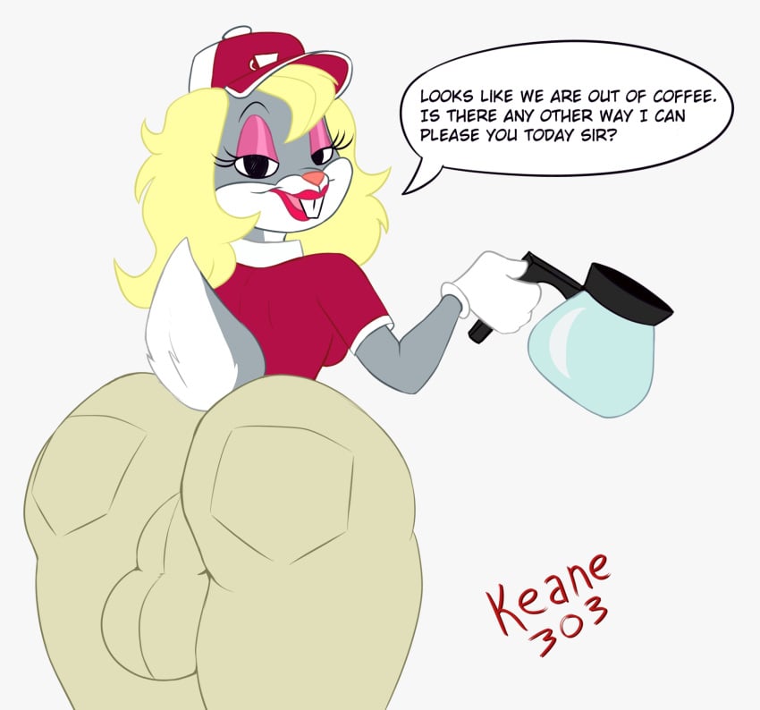 anthro ass balls_outline becky_(bugs_bunny) becky_(the_looney_tunes_show) big_butt blonde_hair breasts bugs_bunny clothed clothing coffee_hut_(the_looney_tunes_show) coffee_pot crossdressing femboy fembugs_bunny fur genital_outline gloves grey_body grey_fur hair handwear hat headgear headwear hi_res keane303 lagomorph leporid lipstick looking_at_viewer looking_back looney_tunes makeup male mammal presenting presenting_hindquarters rabbit solo the_looney_tunes_show uniform warner_brothers