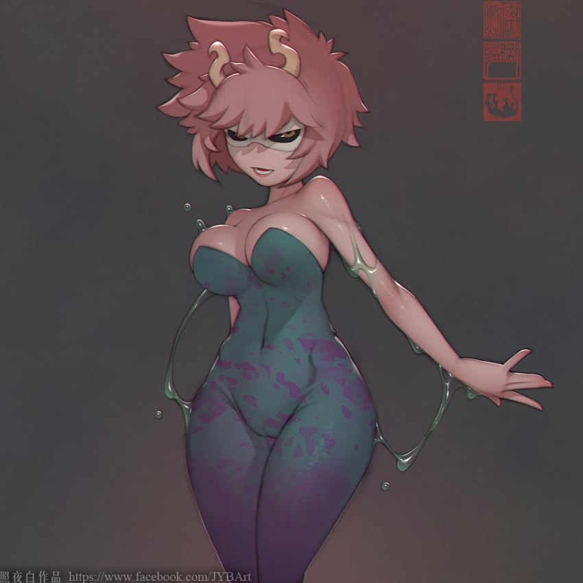 1girls big_breasts black_sclera cameltoe costume female female_only hero_outfit_(mha) highres horns jybart looking_at_viewer mask mina_ashido my_hero_academia pink_hair pink_skin short_hair skin_tight slime thighs watermark