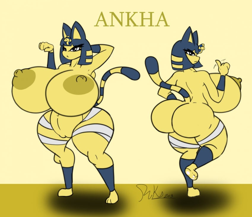 3_toes 4_fingers animal_crossing ankha anthro areola ass bandage big_breasts big_butt blue_hair breasts domestic_cat egyptian english_text feet felid feline felis female finger_wag fingers fur genitals gesture hair half-closed_eyes huge_breasts huge_butt huge_hips huge_thighs hyper hyper_breasts hyper_butt hyper_thighs looking_at_viewer looking_back mammal narrowed_eyes nintendo nipples nude pawpads pointing pussy raised_leg riku9797 shadow signature simple_background solo standing text thick_thighs toes uraeus video_games wagging_finger wide_hips yellow_body yellow_fur