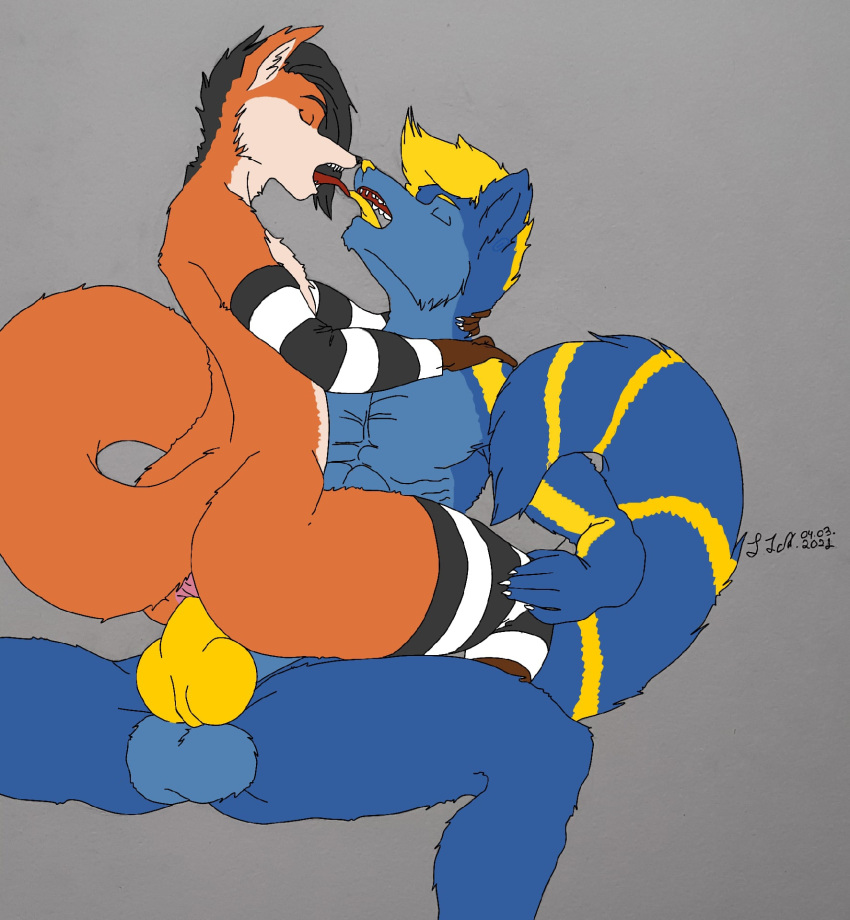 2boys alfred_ivack(oc) big_ass big_butt big_penis blue_fur fox furry furry_only gay gray_hair kissing knot rik_ivask(oc) yellow_fur yellow_hair yellow_penis