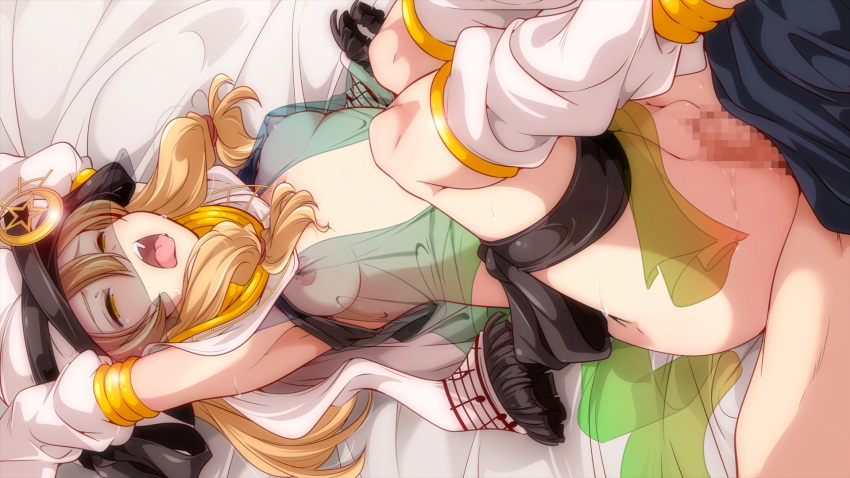 1boy armpits bed_sheet breasts censored clothed_sex clothing detached_sleeves female game_cg half-closed_eyes highres leg_warmers lying midori_(x-overd) nipples official_art on_back penis pussy pussy_juice scarf see-through see-through_clothing sex small_breasts straight vaginal_penetration white_headwear white_legwear white_scarf white_sleeves x-overd yellow_eyes