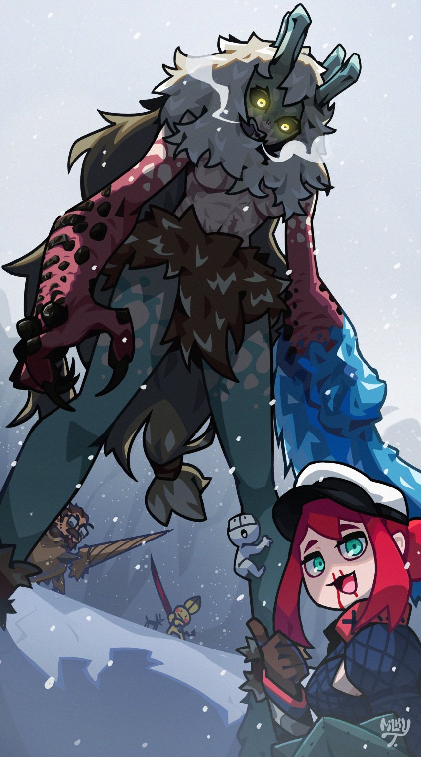 2021 2boys 2girls anthro bleeding capcom fanged_beast frost_islands_(map) giantess goss_harag humor hunter_(monster_hunter) looking_at_viewer meme milkytiddyboy monster_girl monster_hunter monster_hunter_rise nargacuga_(armor) nosebleed pointing pointing_at_another smirk tagme teal_eyes underboob yellow_eyes