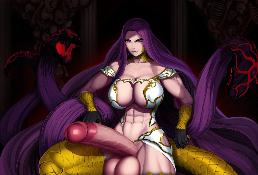 1futa abs aka6 balls big_breasts breasts cleavage defined_balls erection fate/grand_order fate_(series) futa_only futanari gorgon_(fate) huge_cock large_breasts looking_at_viewer medusa_(fate) muscles muscular muscular_futanari penis spread_legs testicles