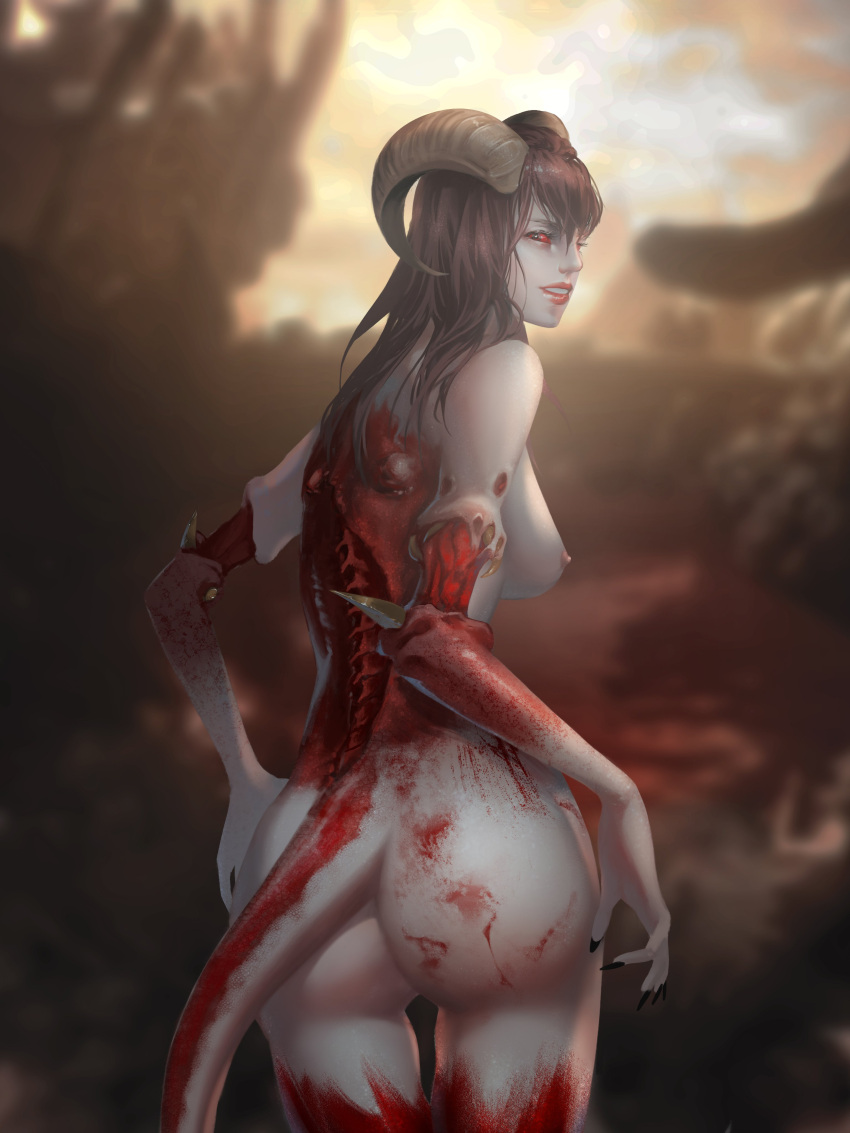 1girls agony_(series) ass breasts butt demon demon_girl female_only hell horns looking_back nipples succubus succubus_(madmind_studio) succubus_horns succubus_tail vydija