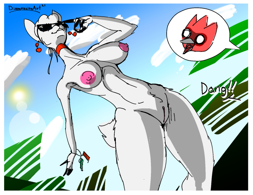 anthro avian avio bird breasts camelid diamonsion digital_media_(artwork) eyewear female fur genitals glasses hi_res llama long_neck male male/female mammal mommy_alpaca nude pussy smile solo text thick_thighs