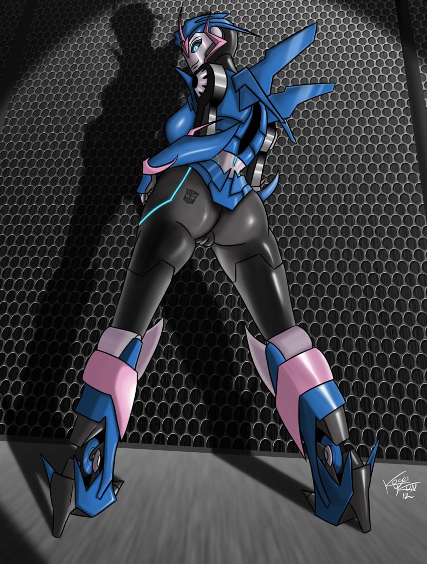 1girls 2d 2d_(artwork) arcee arcee_(prime) artist_logo ass autobot_insignia back_view blue_eyes built-in_high_heels color colored duplicate female female_only high_heels kogeikun looking_at_viewer looking_back pussy rear_view robot robot_girl solo tagme transformers transformers_prime vagina