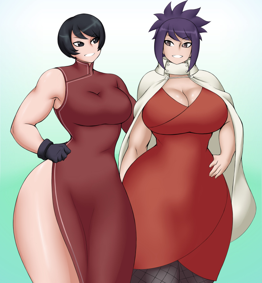 2girls big_breasts black_hair boruto:_naruto_next_generations breasts busty cape clothing dress female female_only gloves hourglass_figure huge_breasts human kai_lynkai kurotsuchi looking_at_another looking_at_partner mitarashi_anko mitarashi_anko_(chubby) multiple_girls naruto naruto_(series) no_underwear plump purple_hair smile thick_thighs voluptuous wide_hips