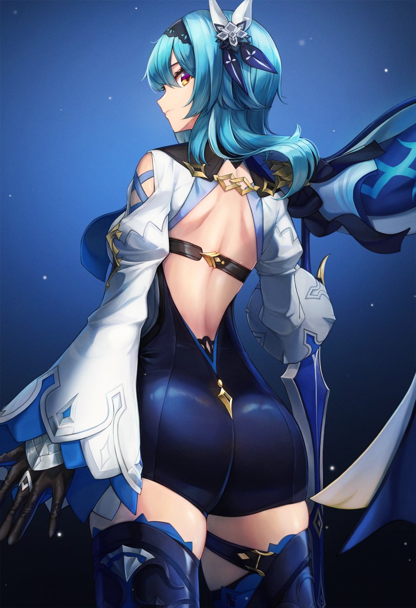 ass bare_shoulders blue_hair blush boots breasts cape eula_(genshin_impact) female from_behind genshin_impact gloves hairband large_breasts leotard long_hair looking_at_viewer looking_back looking_down shiny shiny_clothes shiny_hair shiny_skin sideboob solo sora_(artist) sora_(men0105) thigh_boots thighhighs yellow_eyes