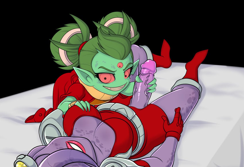 1futa 1girls 3_eyes alien awesomenauts ayla breasts clothed clothing coco_nebulon duo dzk female fully_clothed futa_on_female futanari green_skin handjob humanoid kneeling larger_futanari mostly_clothed multi_eye on_back penis penis_out purple_skin red_eyes size_difference smaller_female