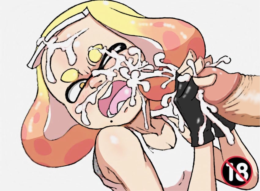 1boy 1girls blush cum cum_on_cheek cum_on_closed_eye cum_on_eyebrow cum_on_face cum_on_forehead edit fingerless_gloves inkling nintendo nuranura-san pearl_(splatoon) penis splatoon splatoon_2 straight tagme tank_top tentacle_hair