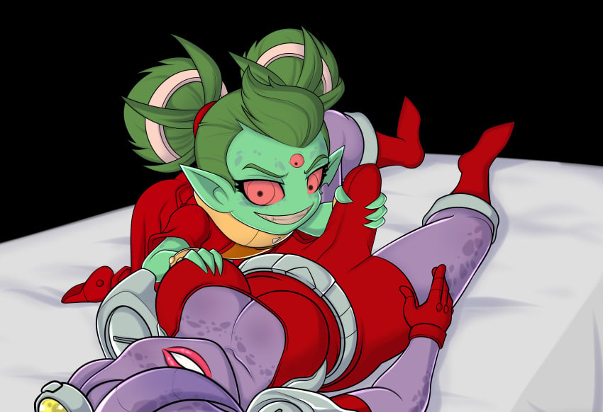 1futa 1girls 3_eyes alien awesomenauts ayla breasts clothed clothing coco_nebulon duo dzk erection_under_clothes female fully_clothed futa_on_female futanari green_skin handjob handjob_over_clothes humanoid kneeling larger_futanari multi_eye on_back penis purple_skin red_eyes size_difference smaller_female