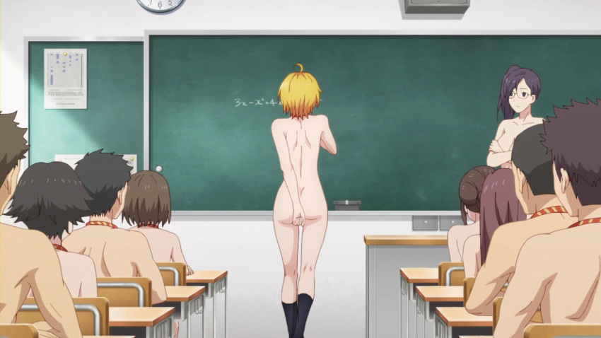 4boys 6girls ass black_socks blonde_hair casual casual_nudity classroom clothing covering covering_ass covering_self dokyuu_hentai_hxeros embarrassed embarrassed_nude_female enf female footwear forced_nudity group hoshino_kirara human knee_socks kneehighs kneesocks male mostly_nude nude nudist pale_skin public public_nudity school school_uniform schoolgirl short_hair socks socks_only student