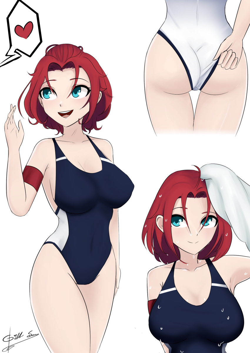 1girls ass ass_focus belly_button big_ass big_breasts big_butt blue_eyes cheerful drying_hair eyebrows female female_only gibb_san happy holding_towel light-skinned_female light_skin navel oc one-piece_swimsuit original original_character red_eyebrows red_hair slim_girl smile spoken_heart suki_(gibb_san) sweat sweatdrop sweating swimsuit thick_ass thick_thighs thin_eyebrows thin_waist towel towel_on_head wet