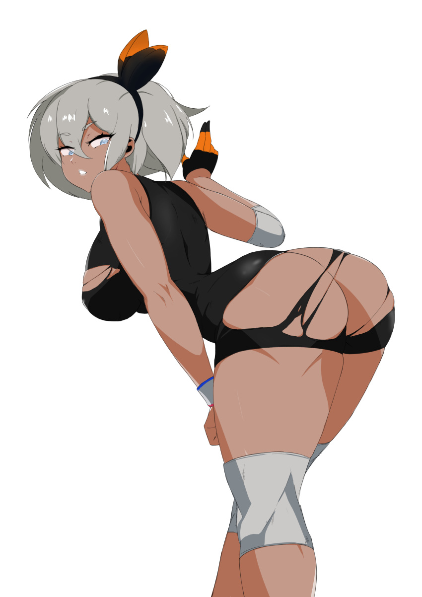 1girls ass b1ackgoldsaw bea_(pokemon) big_ass big_breasts breasts female grey_eyes grey_hair hair_ribbon leotard looking_back nintendo pokemon pokemon_ss ripped_clothing short_hair solo thick_thighs