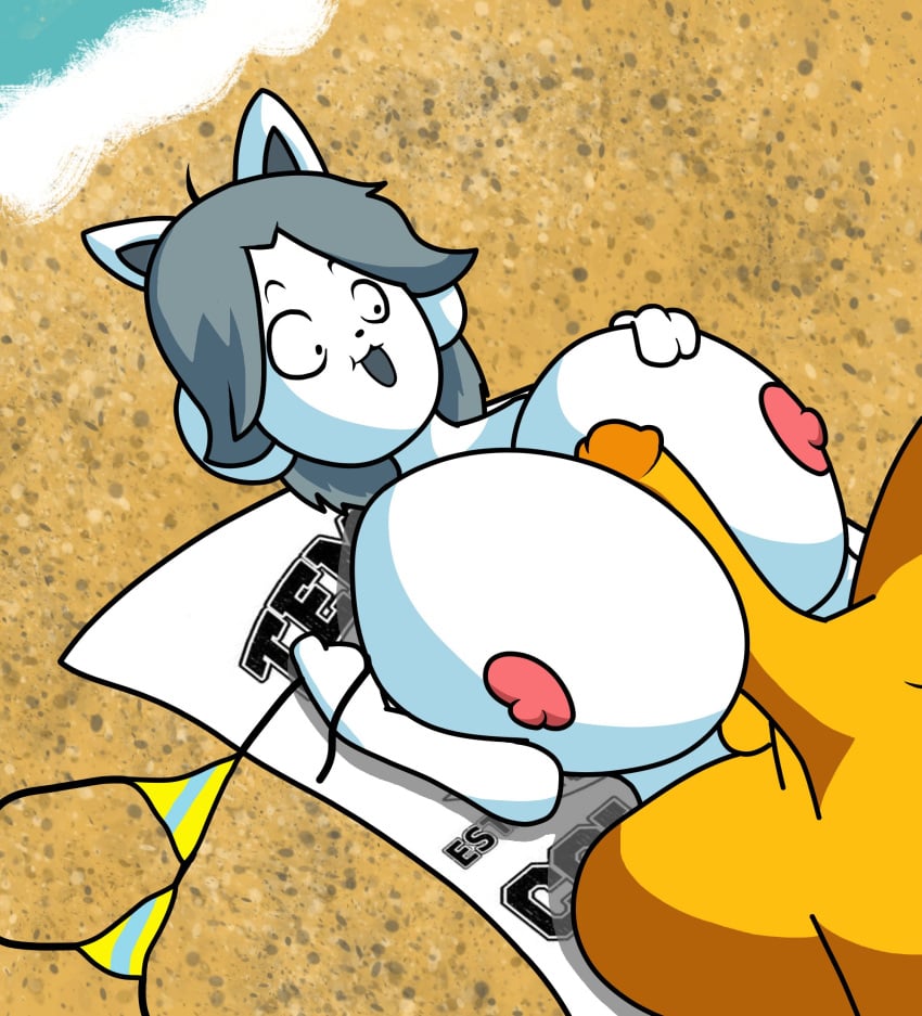 1boy 1girls anthro balls bra_off breasts canid canine duo felid feline female frisk genitals hair hi_res male male/female mammal nipples paizuri penis sex solo_focus straight surprised tem temmie_(undertale) titfuck titjob undertale video_games white_body