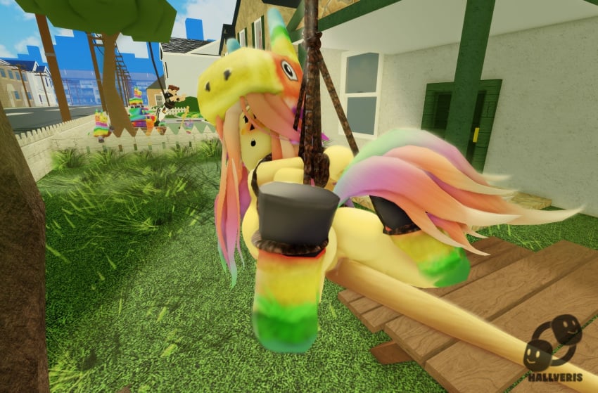 1boy 1girls 3d arms_behind_back ass baseball_bat black_eyes blush bondage door female female_focus grass hallveris house houses long_hair looking_at_viewer looking_back multicolored_hair object_insertion open_mouth picnic_table pinata power_lines public pussy pussy_juice roblox roblox_avatar robloxian sky solo solo_female suspension thighs tree yellow_skin