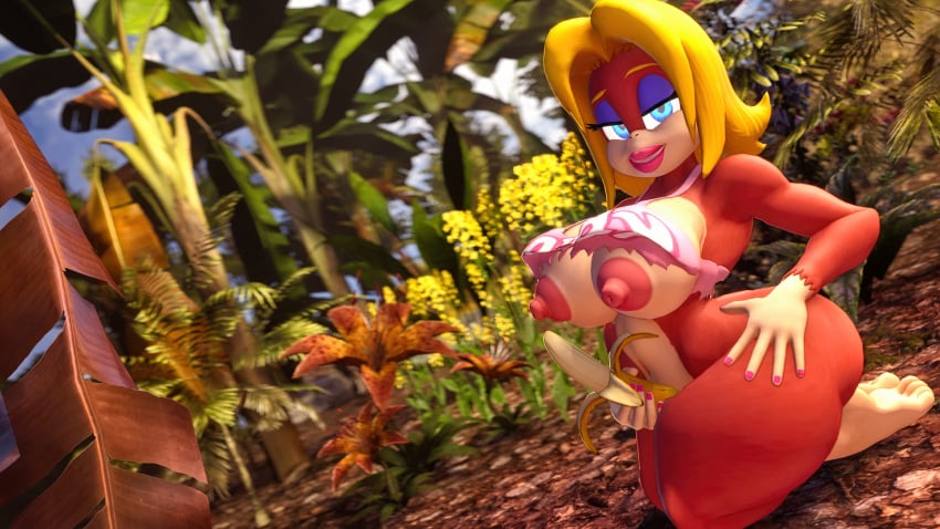 16:9 3d 3d_(artwork) 4k anthro ape banana big_breasts blonde_hair blue_eyes brandi breasts candy_kong clothed clothing digital_media_(artwork) donkey_kong_(series) female food fruit hair haplorhine hi_res humanoid jungle kong looking_at_viewer makeup mammal monkey nintendo nipples plant primate raised_clothing raised_shirt raised_topwear shirt solo source_filmmaker topwear video_games widescreen