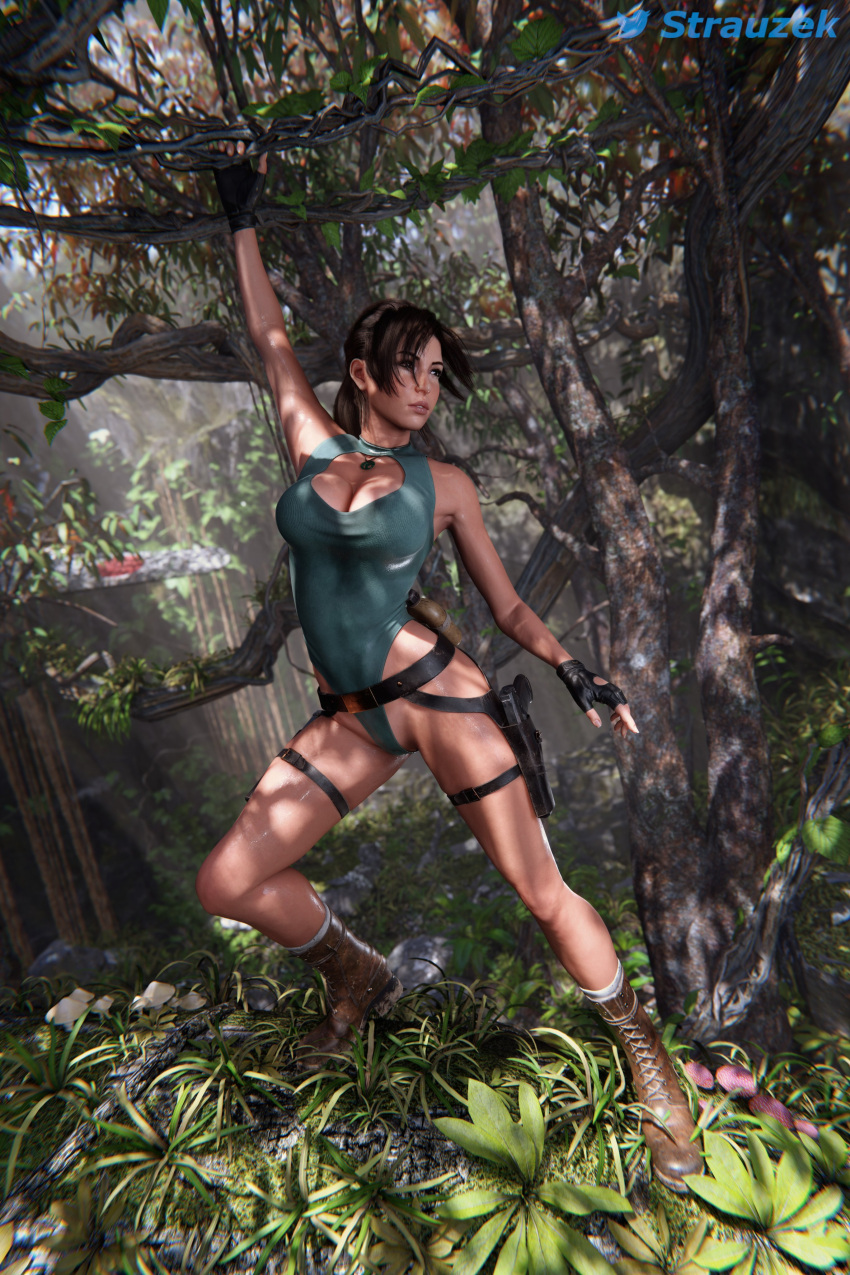 3d belt big_breasts blender bodysuit boots breasts brown_eyes brown_hair busty cleavage cleavage_cutout clothed clothing female female_focus female_only fingerless_gloves firearm footwear forest gloves gun gun_holster handgun handwear holster holstered_pistol holstered_weapon hourglass_figure human jewelry jungle lara_croft lara_croft_(survivor) large_breasts leg_holster leg_strap legs leotard long_hair no_eyewear oiled oiled_skin oily outdoors outside pendant piercing pinup pinup_pose pistol ponytail portrait pose posing shiny_skin solo strauzek sweat sweating sweaty tattoo thigh_holster thong_leotard tomb_raider weapon wet wet_body wet_clothes wet_clothing wet_leotard wet_skin wide_hips