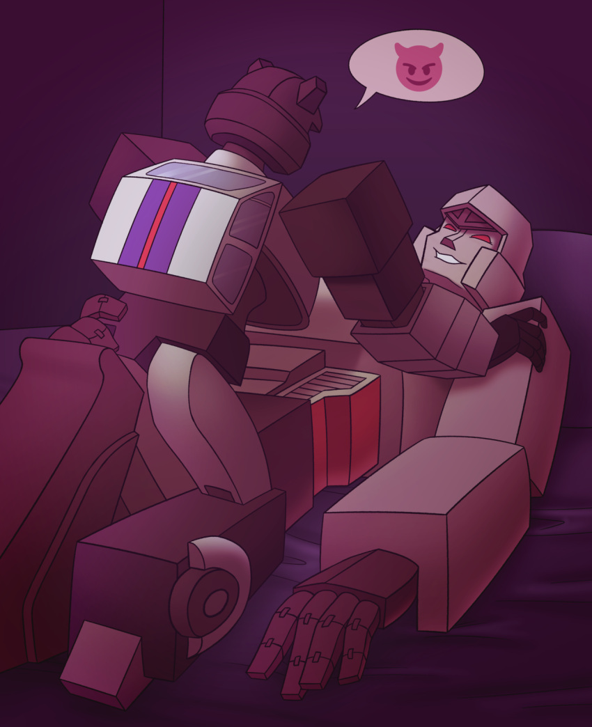 bed emoji grin grinding hand_on_ass imminent_sex jazz_(transformers) male male_only males_only megatron robot size_difference teasing transformers transformers_g1 yaoi