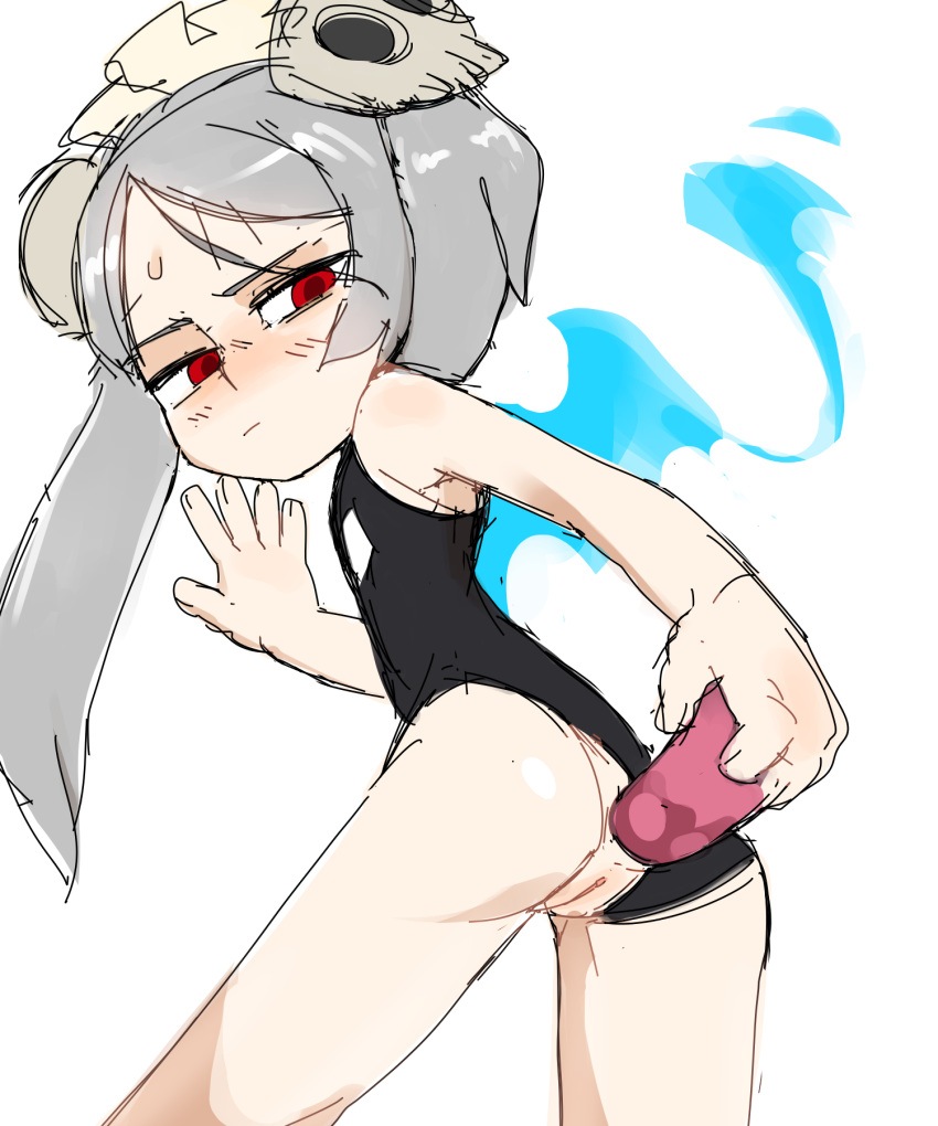 ass bloody_marie blush cute dildo lakilolom one-piece_swimsuit petite pussy skullgirls sweat swimsuit