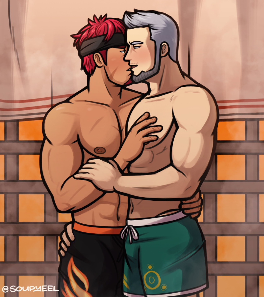 2boys abs absurdres arm_grab ass_grab bara bare_shoulders beard blush facial_hair gyee highres kissing looking_at_another male_focus male_swimwear master_(gyee) multiple_boys muscular muscular_male musso_(gyee) nipples pectorals red_hair scar scar_on_cheek scar_on_chest scar_on_face short_hair silver_hair soupyeel swim_trunks swimsuit swimwear swordsman_(gyee) touching