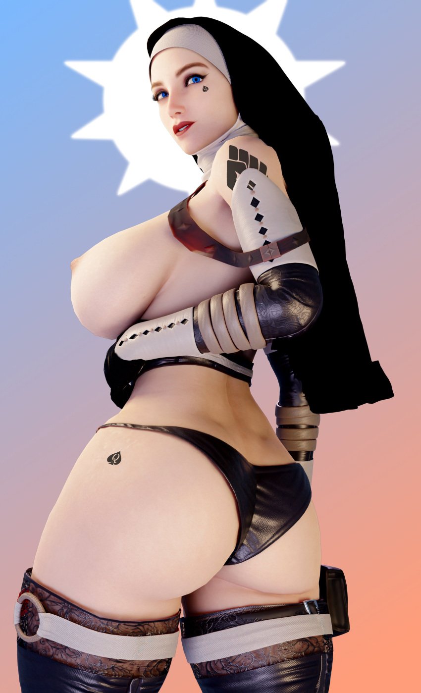 1girls 3d battle_nun big_ass blenderdemon christianity exposed_breasts female female_only large_breasts light-skinned_female light_skin looking_at_viewer looking_back nipples nun queen_of_spades religion solo spade_tattoo tattoo topless topless_female