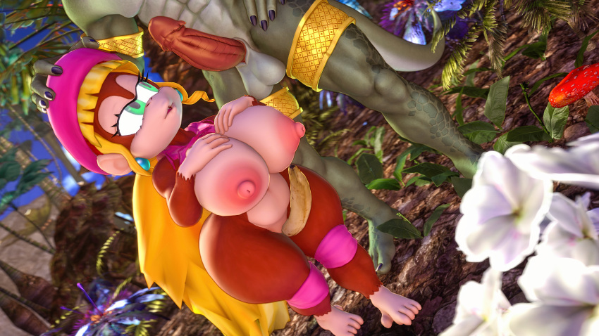 16:9 3d_(artwork) 4k absurd_res anthro balls banana big_breasts blonde_hair brandi breasts brown_body brown_fur clothing digital_media_(artwork) dixie_kong donkey_kong_(series) duo female flower food fruit fungus fur genitals hair haplorhine hat headgear headwear hi_res huge_breasts humanoid jungle knee_pads kong long_hair male male/female mammal monkey mushroom nintendo nipples nude penis plant primate pulled_up_shirt pussy scalie shortstack size_difference source_filmmaker thick_thighs topwear tree video_games widescreen